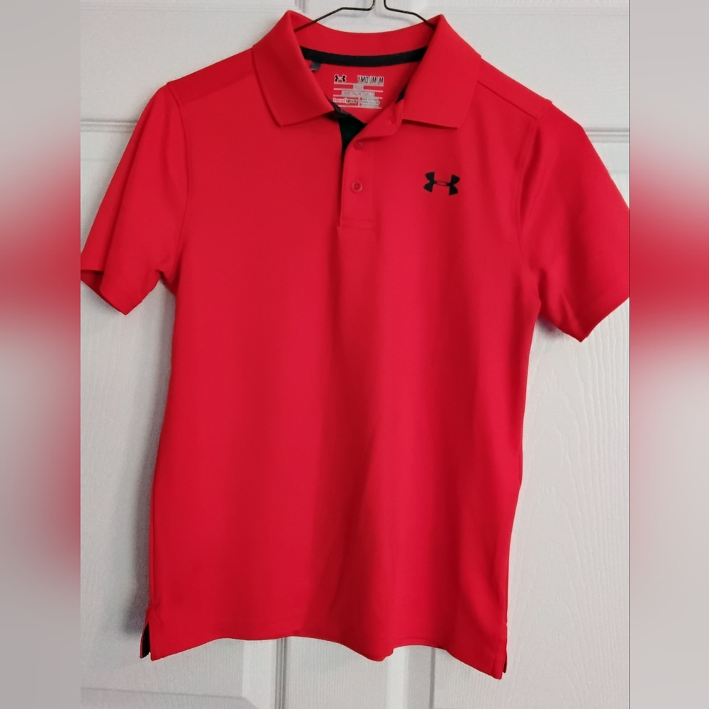 Boys Under Armour Vibrant Red Orange Polo Shirt Loose Fit
